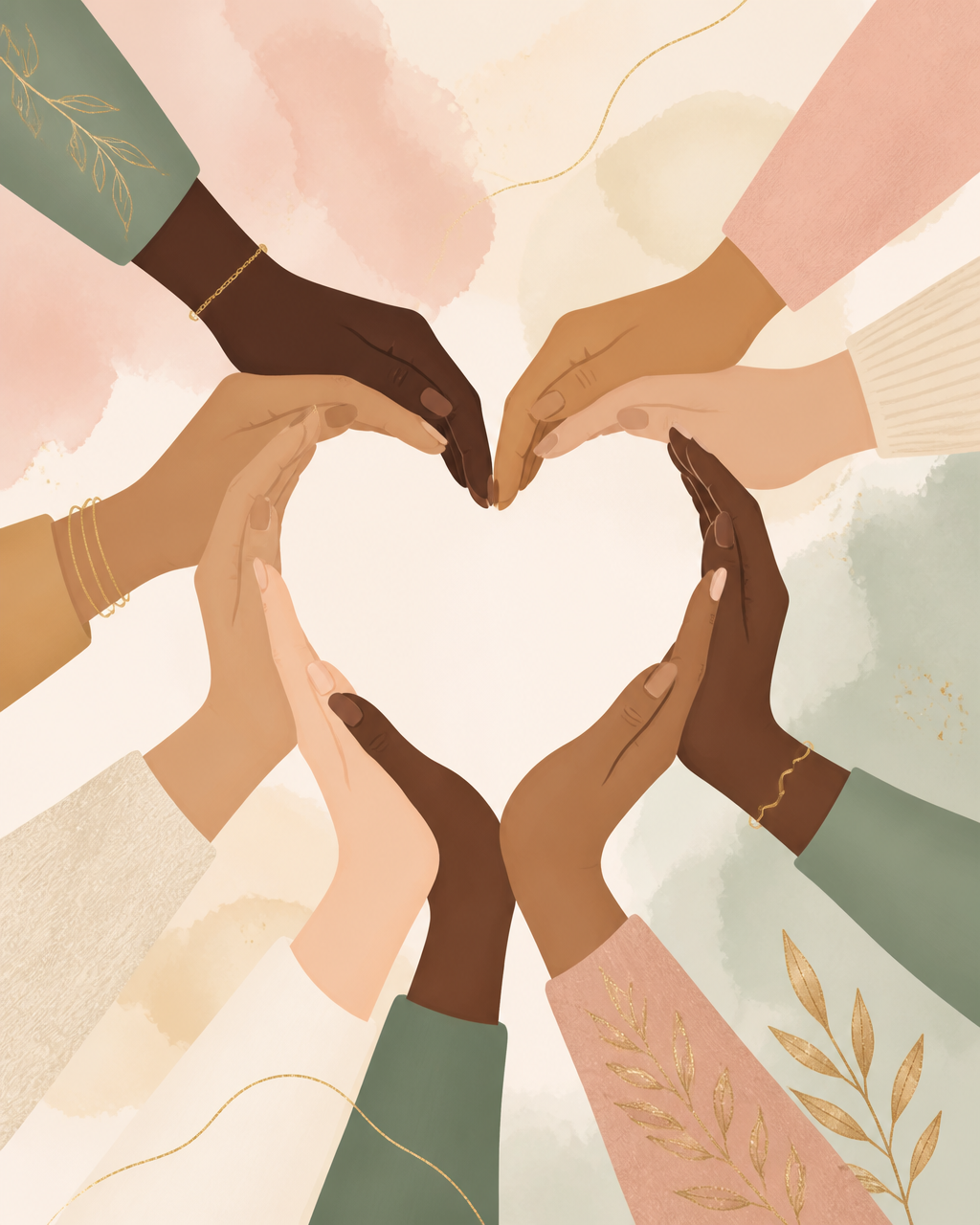 Illustration of diverse hands of many skin tones coming together to form a heart